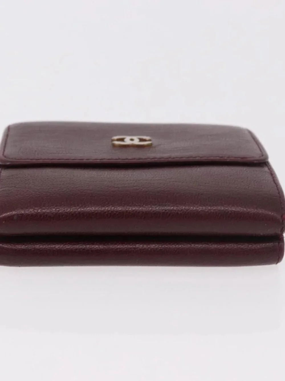 CHANEL Trifold Wallet Leather Bordeaux Gold CC Auth bs35714